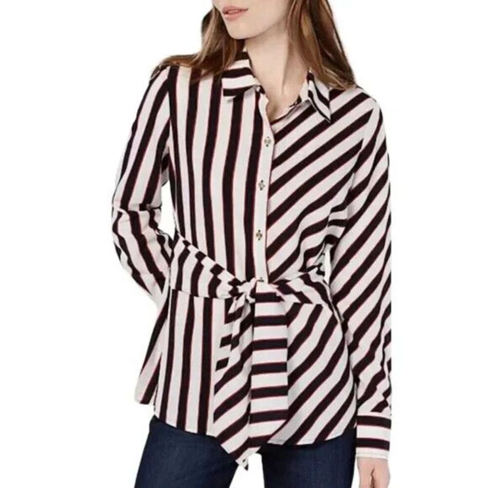 TOMMY HILFIGER Women Size S Striped Front-Tie Button down Shirt Long Sleeve